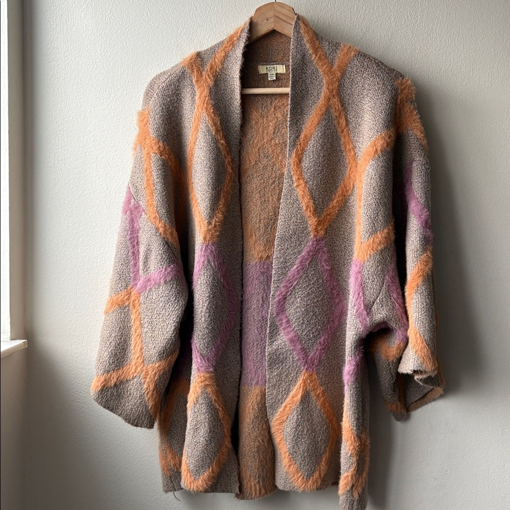 Kori Open Front Cardigan in Taupe with Orange & Mauve Diamond Pattern